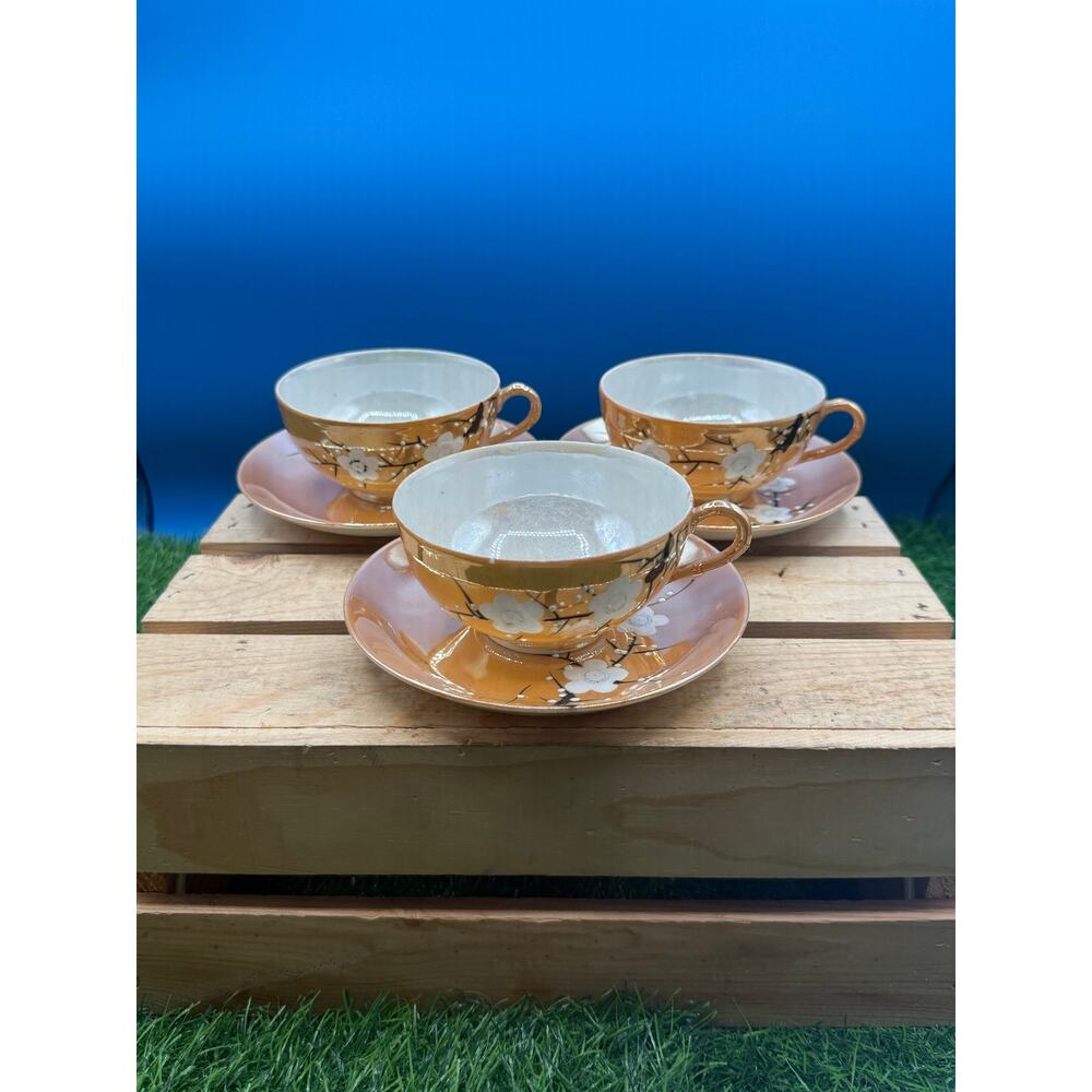 Vintage Japanese Lustreware Cherry Blossom Tea Cups & Saucers - Set of 3
